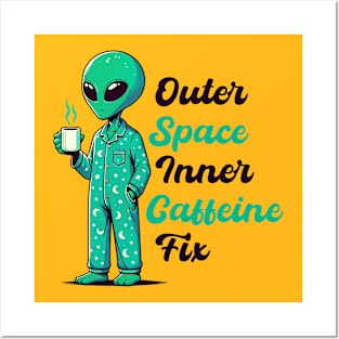 Alien wearing a night suit, holding a coffee cup Posters and Art